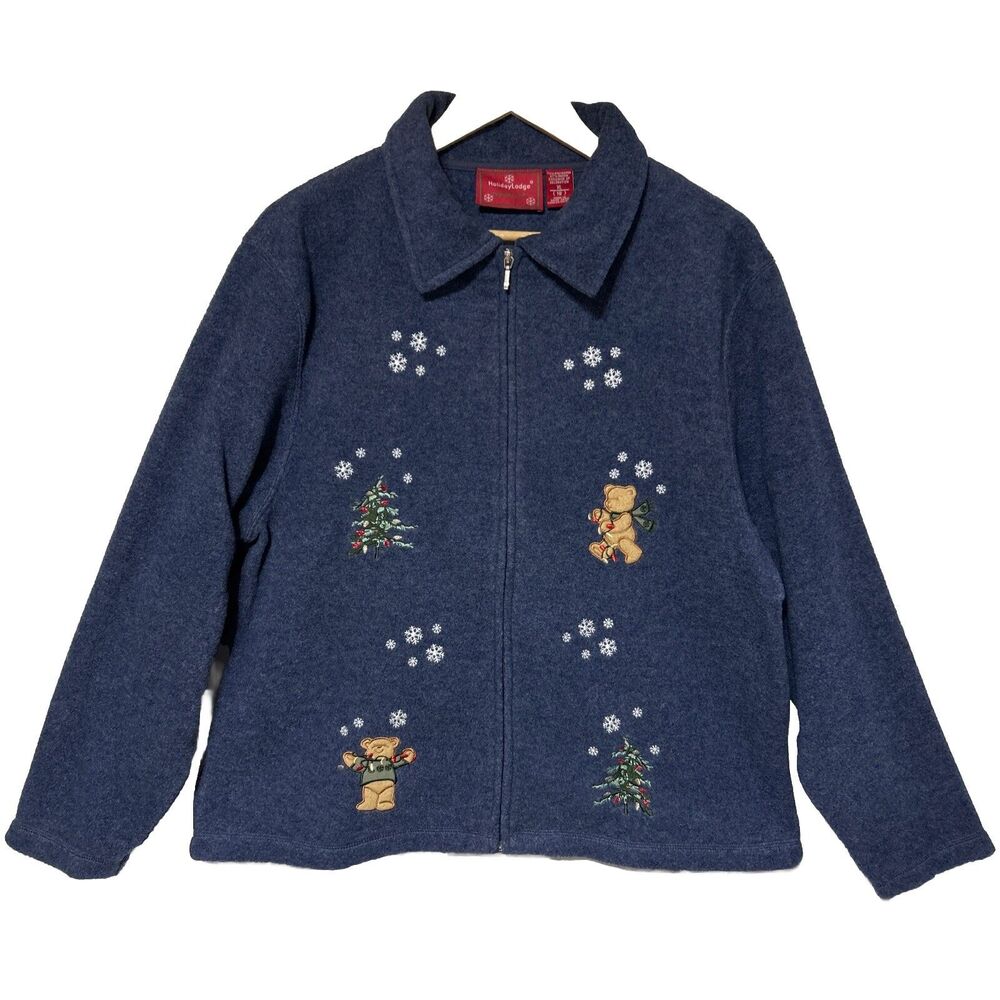 Holiday Lodge Northcrest Womens Sweatshirt XL Fleece Blue Christmas Teddy Bears